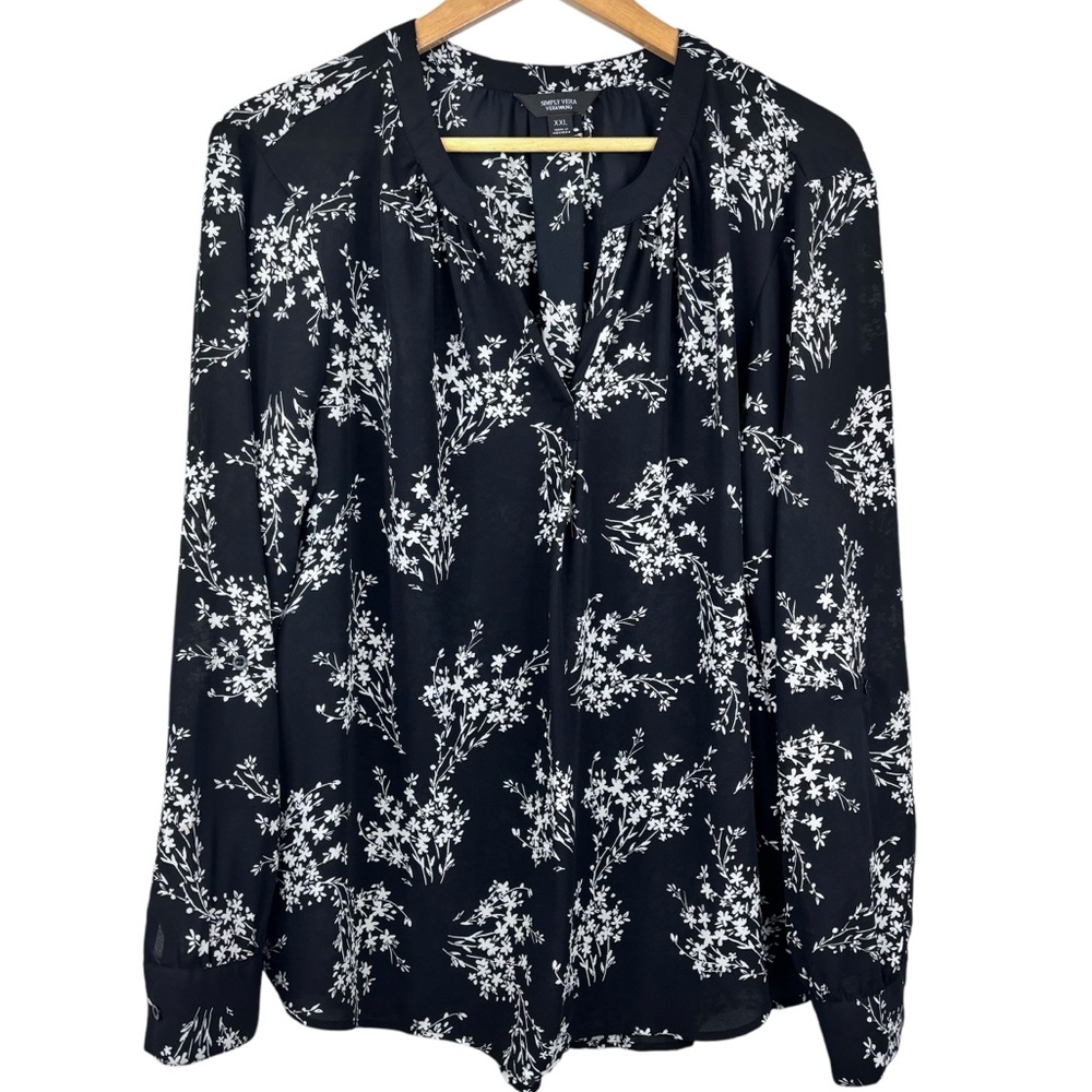 Simply Vera Vera Wang Long Button Sleeve V-Neck Black & Floral Print Blouse XXL